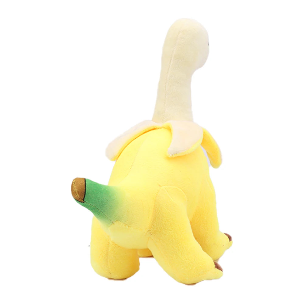A yellow and green Peeled Banana Brontosaurus plush toy dinosaur stuffed animal.