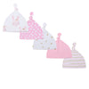 A set of five cute cartoon baby hats featuring pink, white, and gold patterns.