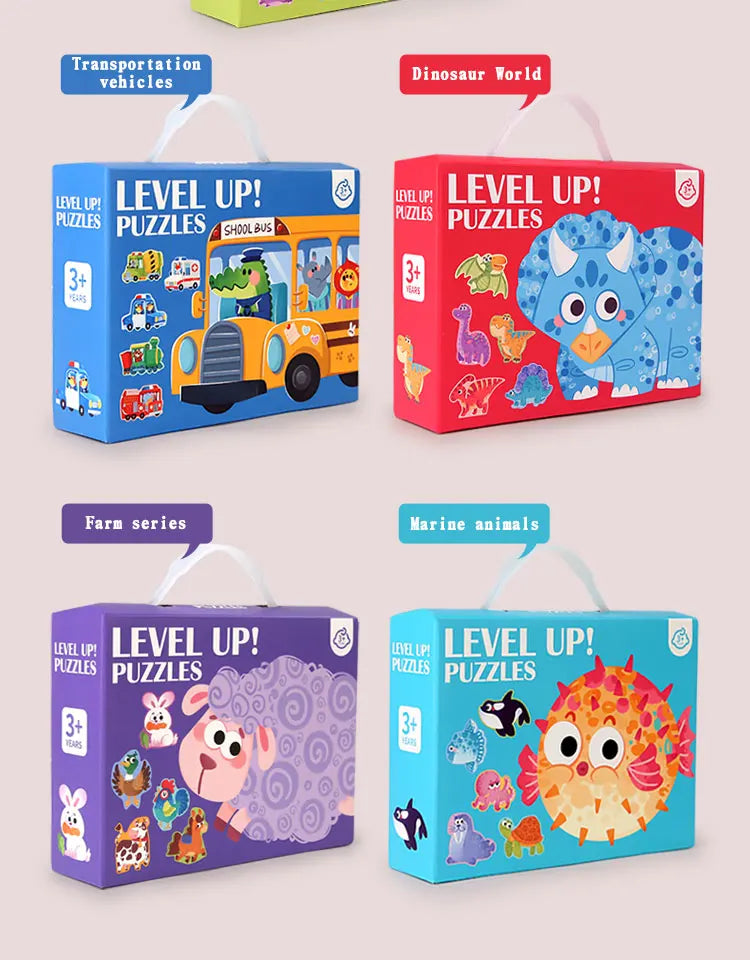 Three boxes of Level Up puzzles featuring dinosaurs, farm animals, and marine animals for kids
