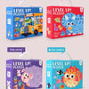 Three boxes of Level Up puzzles featuring dinosaurs, farm animals, and marine animals.