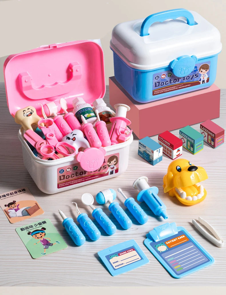 A pink and blue kids doctor play set featuring various medical accessories and storage containers.