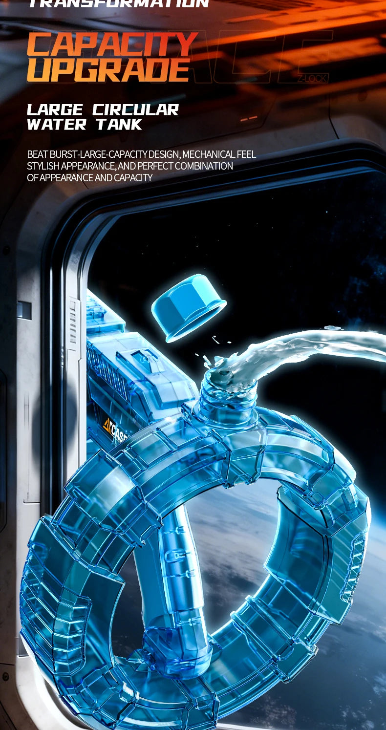 A blue circular water tank component is shown inside a vehicle, highlighting a capacity upgrade feature.