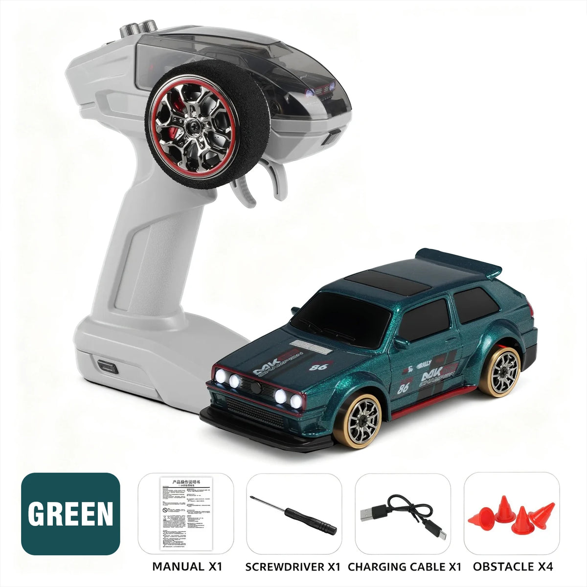 A white remote control car and controller are shown next to various accessories like a screwdriver, charging cable, and obsta
