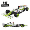 A detailed 1:8 scale formula racing car building set featuring a white and lime green model.