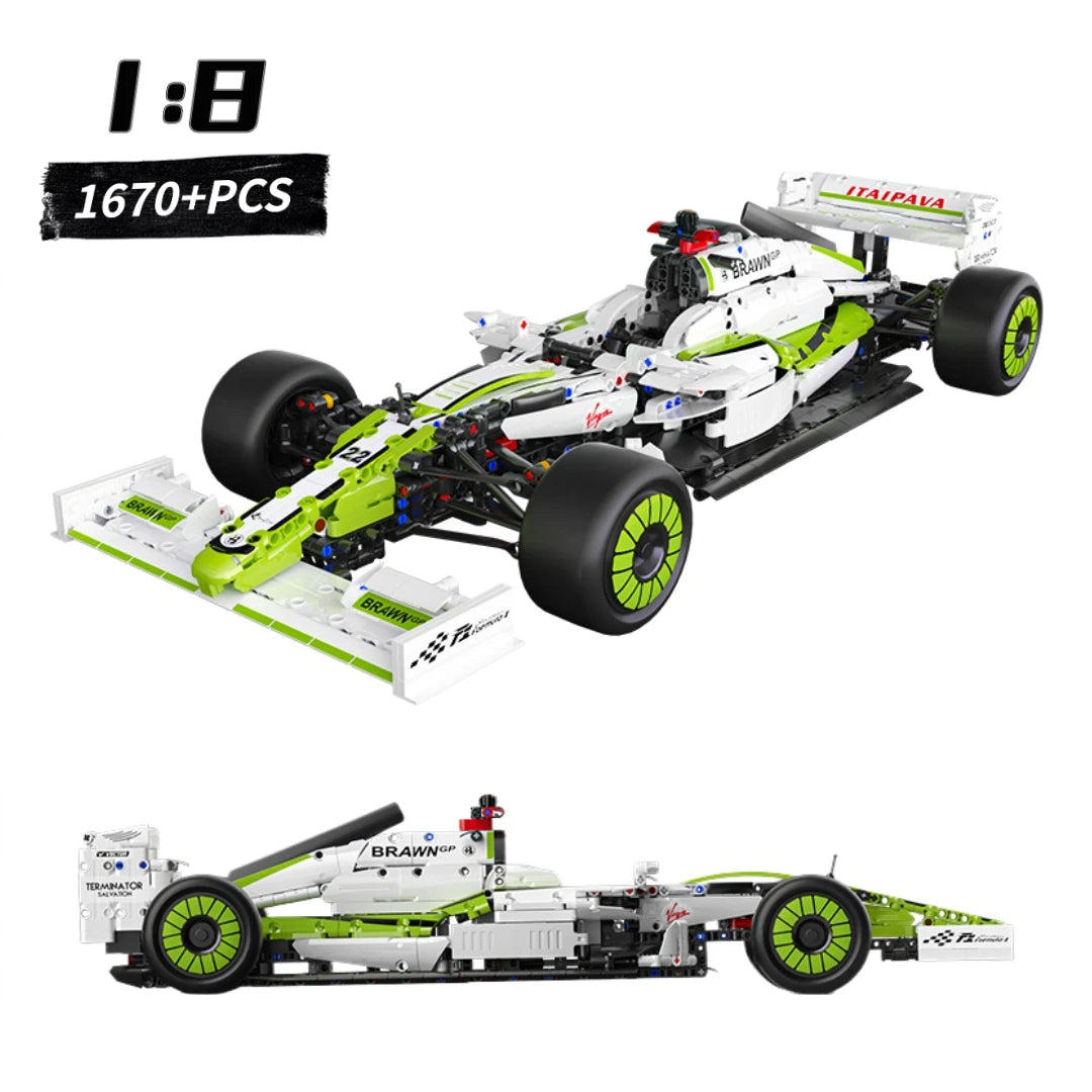 A detailed 1:8 scale formula racing car building set featuring a white and lime green model.