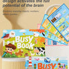 A colorful busy book for toddlers featuring various activity cards like animals and vehicles.