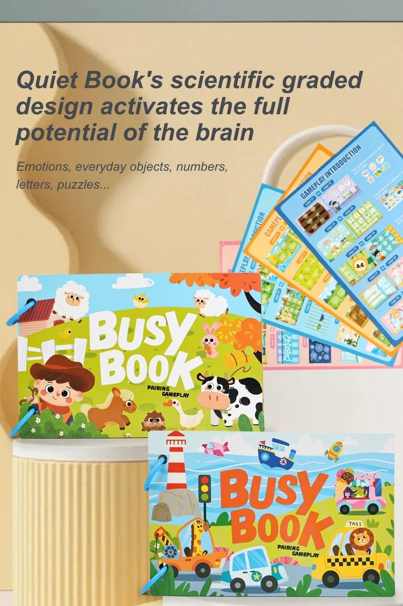 A colorful busy book for toddlers featuring various activity cards like animals and vehicles.