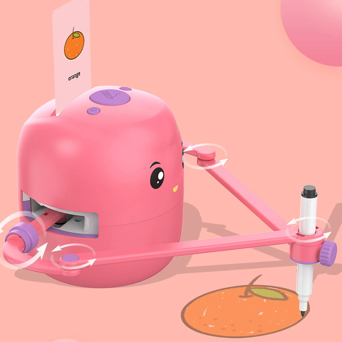 A pink smart drawing robot toy is shown with a drawing tool, demonstrating an interactive STEM learning activity.