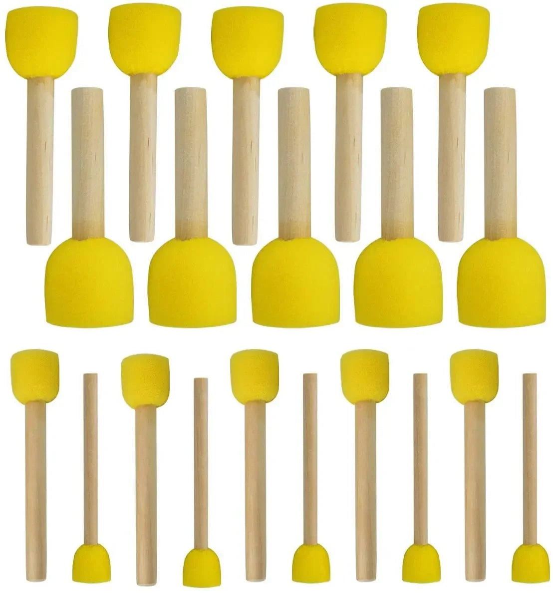 A set of round yellow sponge brushes with wooden handles for painting and crafting.