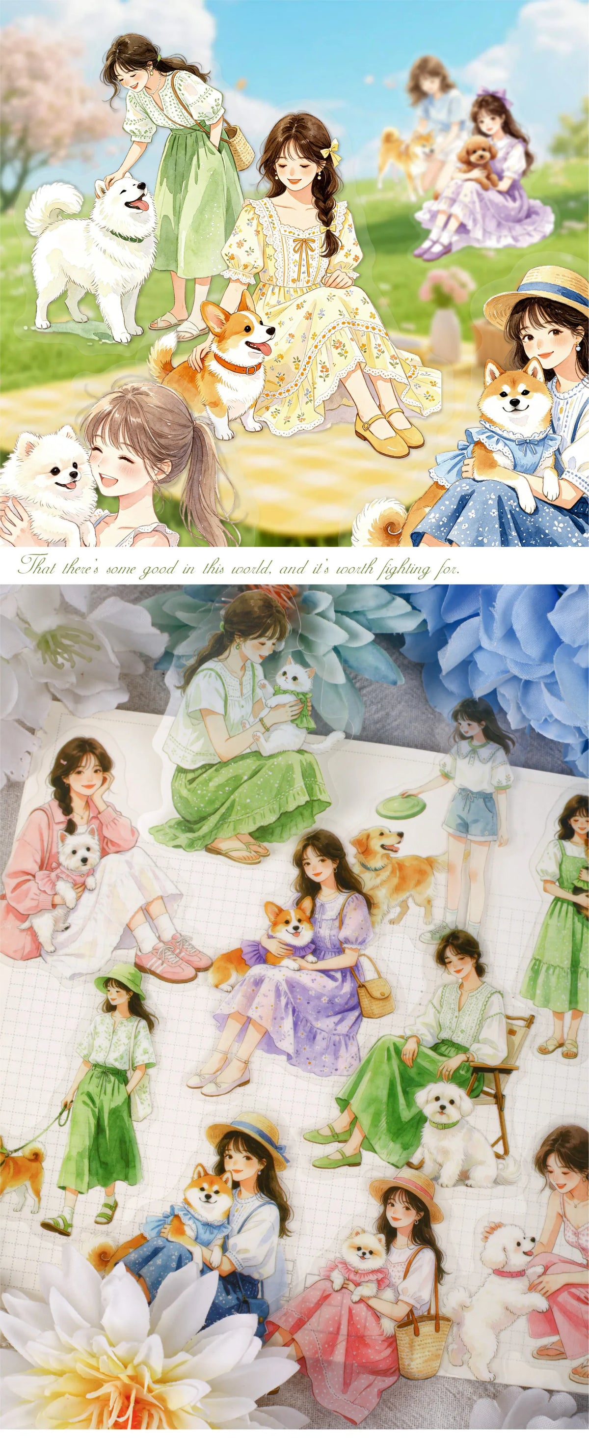A collection of watercolor-style illustrations featuring girls and various pets in a soft, aesthetic style.