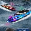 A remote control speedboat is shown flying over water, with a controller visible below.
