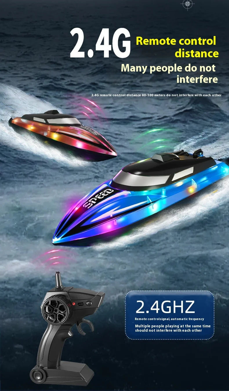 A remote control speedboat is shown flying over water, with a controller visible below.