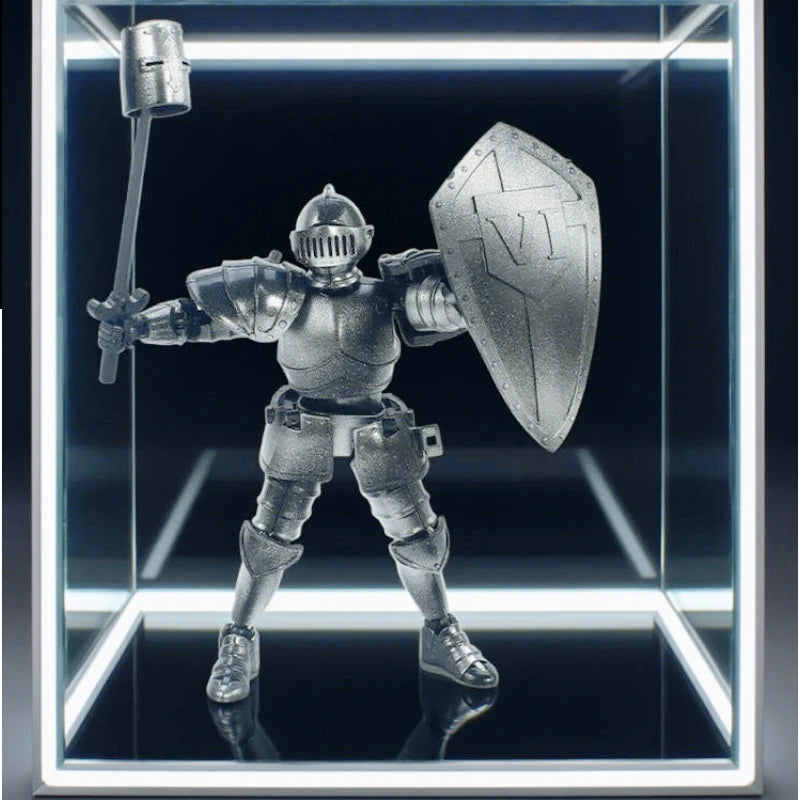 A silver articulated paladin action figure wearing armor and holding a shield displayed in a lighted box.