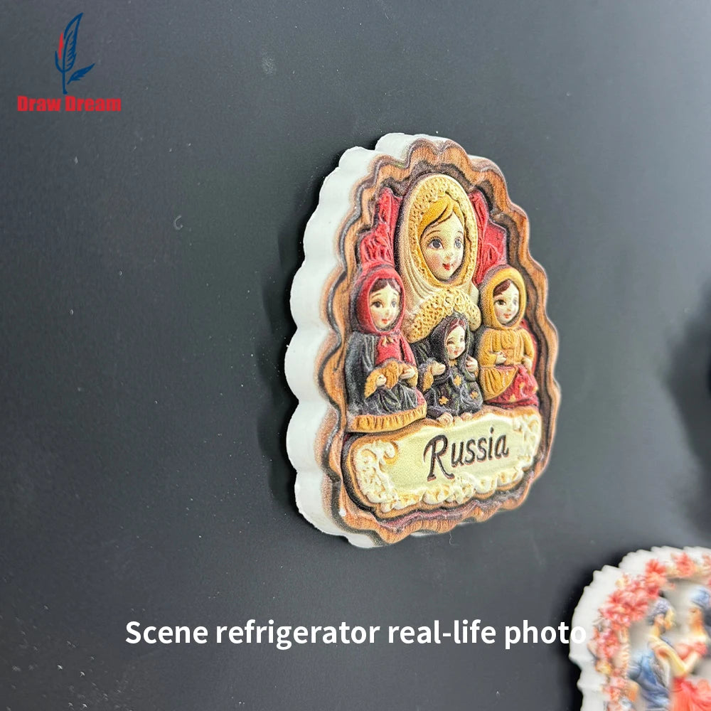 Creative 3D refrigerator magnet featuring a Russian-inspired scene with three women and the word Russia.