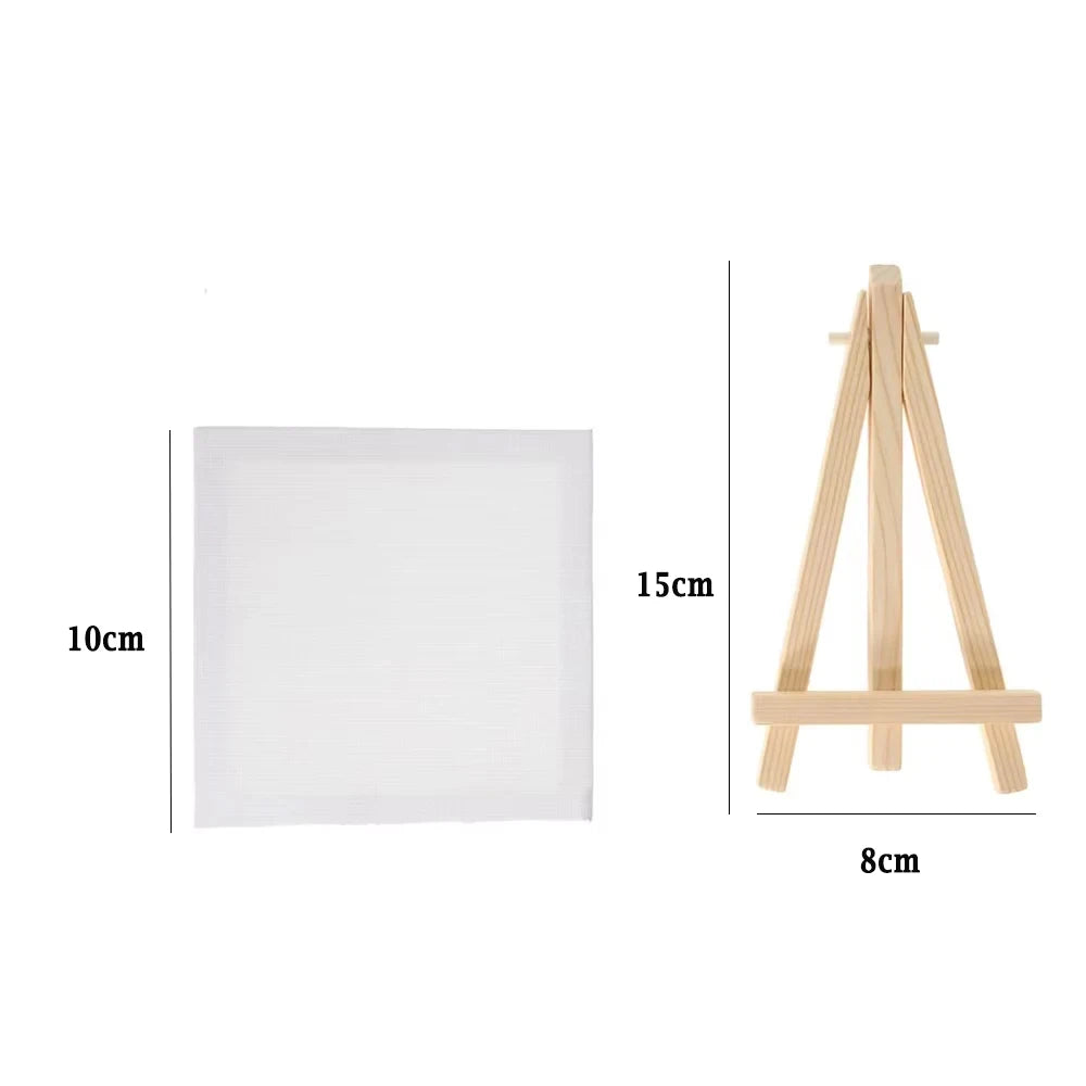 A white canvas board and a mini wooden easel set for children's art projects.