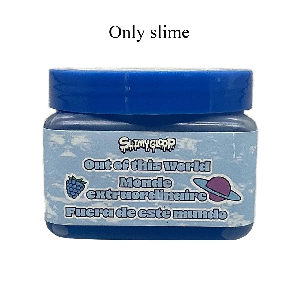 A clear blue jar of slime labeled Out of this World Monde extraordinaire Fuerza de este mundo