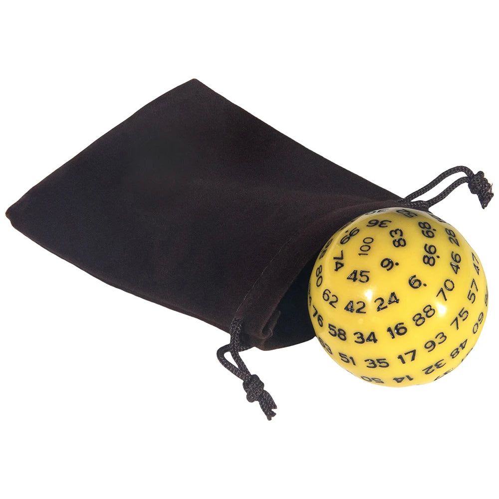 A yellow 100-sided polyhedral die is shown emerging from a dark brown storage bag.