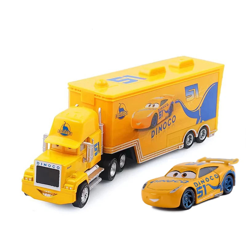 A yellow and blue DINOCO toy hauler truck with a large yellow trailer and a smaller yellow car model.