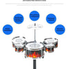 A black plastic jazz drum set with multiple cymbals and drums mounted on a stand.