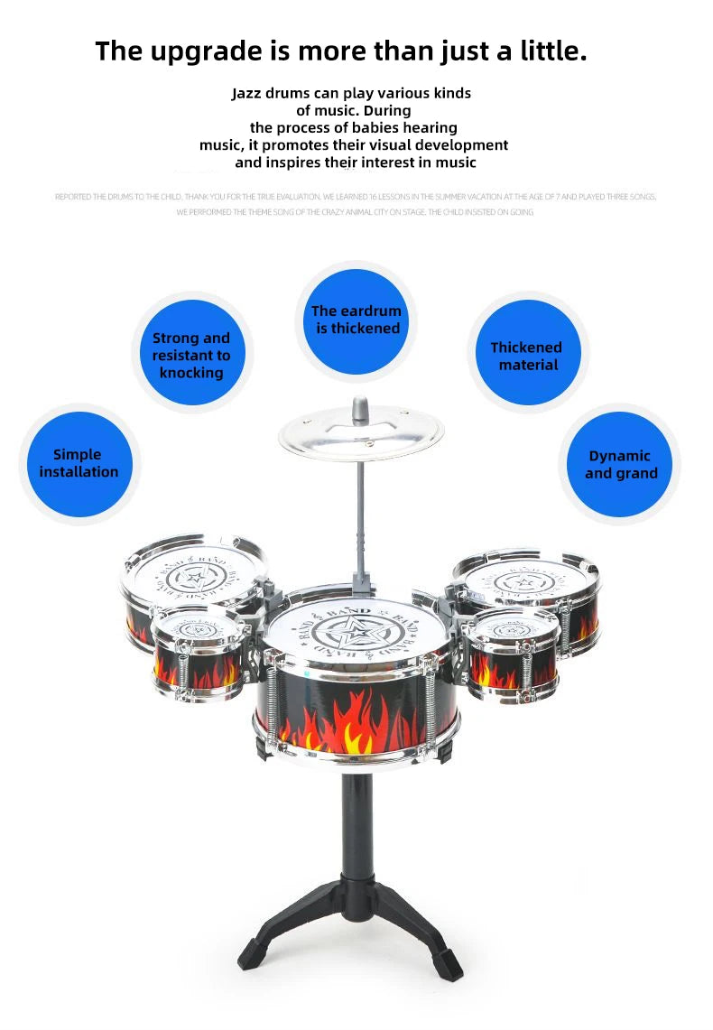 A black plastic jazz drum set with multiple cymbals and drums mounted on a stand.