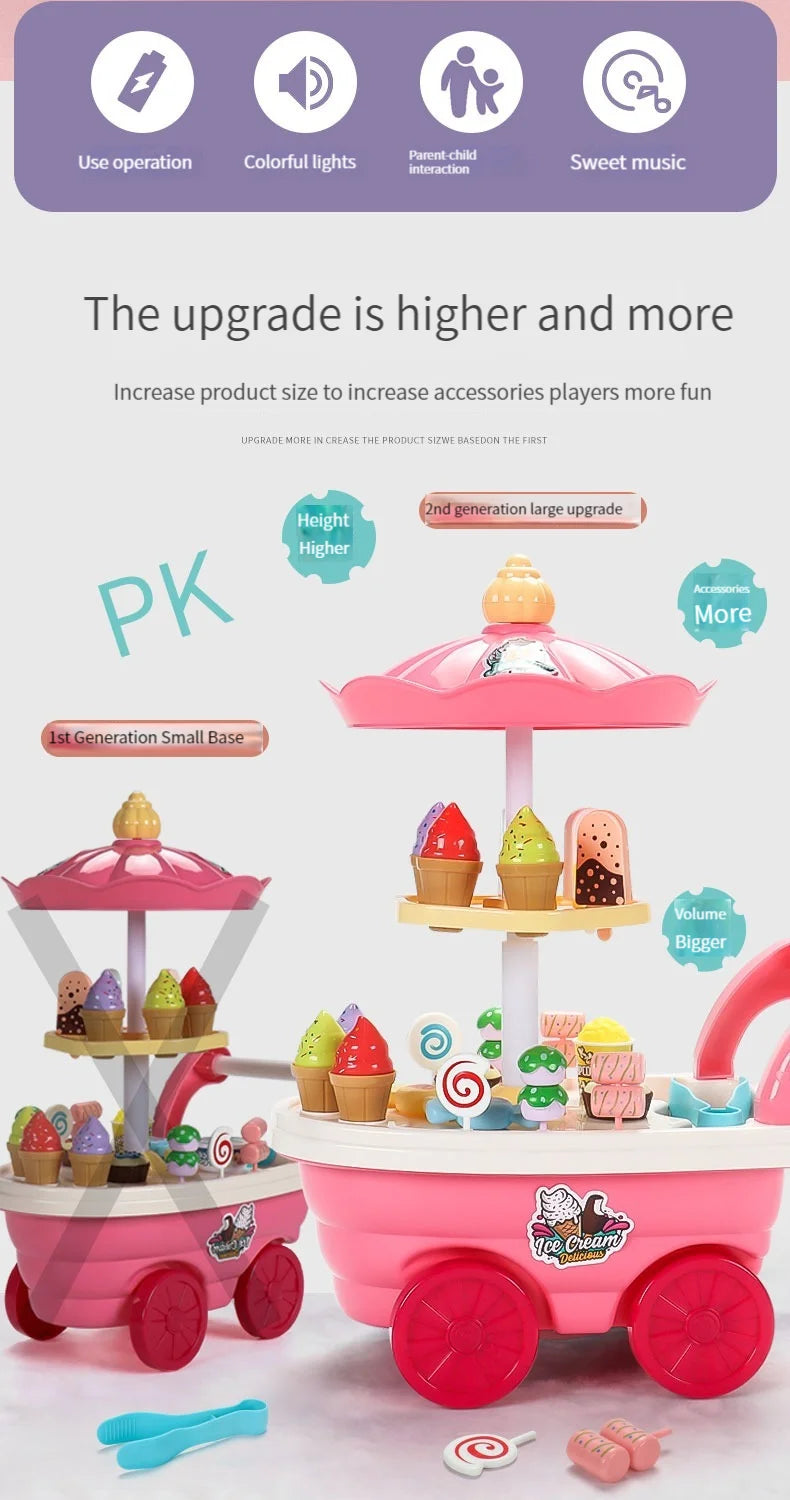 A pink ice cream truck pretend play set with various ice cream accessories and a large pink umbrella.