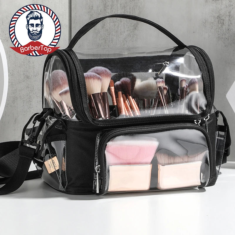 A clear plastic storage bag filled with various hairbrushes and grooming tools inside a black waterproof barber apron.