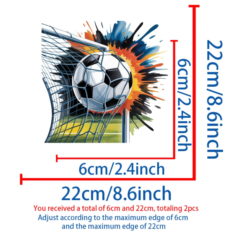 Iron-on patches featuring a soccer ball splash design, with dimensions of 6cm and 22cm.