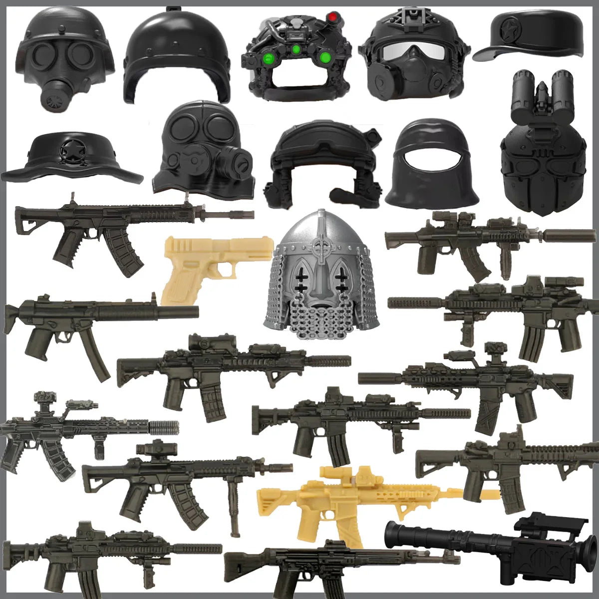 A collection of military building blocks featuring various gun and helmet accessories.