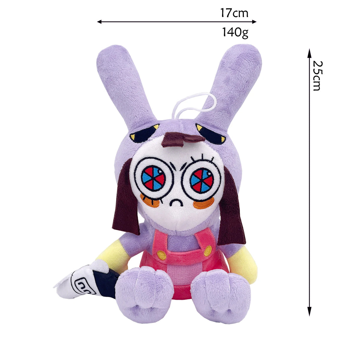 A purple plush toy of a rabbit character with large eyes and dark hair, measuring 25cm tall.
