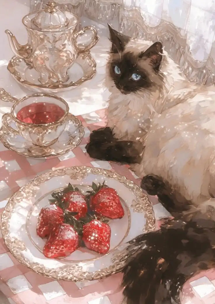 A fluffy black and white cat sits next to a tea set and a plate of strawberries on a pink checkered surface.