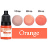 A bottle of orange candle dye with three dropper sizes showing different concentrations.