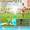 Two hose clamps prevent water leakage from an octopus spray sprinkler for kids.