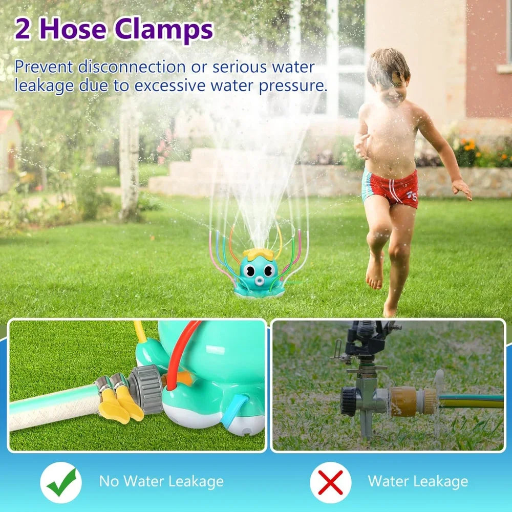 Two hose clamps prevent water leakage from an octopus spray sprinkler for kids.