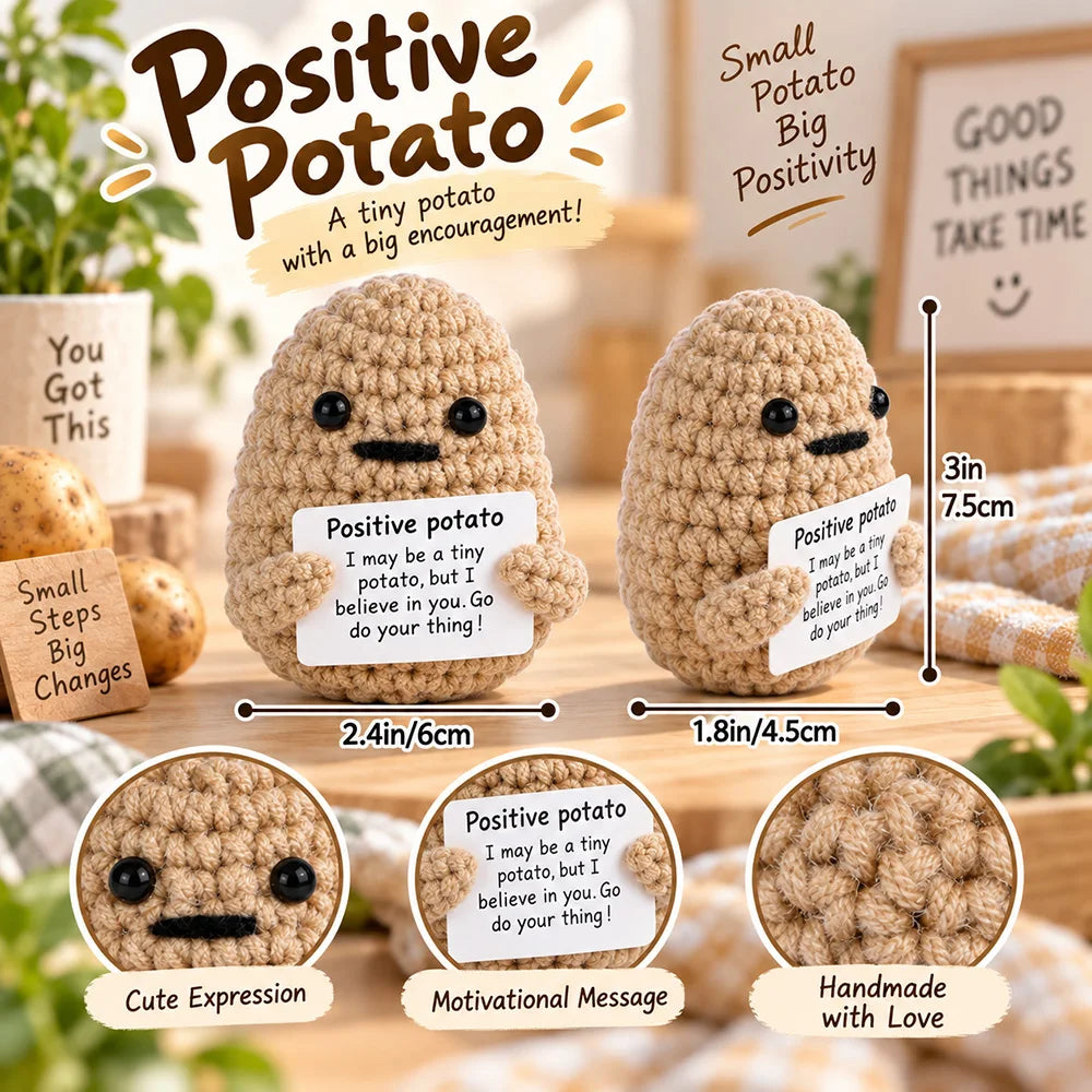 A handmade crochet potato doll with a motivational message card.
