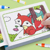 A hand is coloring a red fox illustration in a children's coloring book.