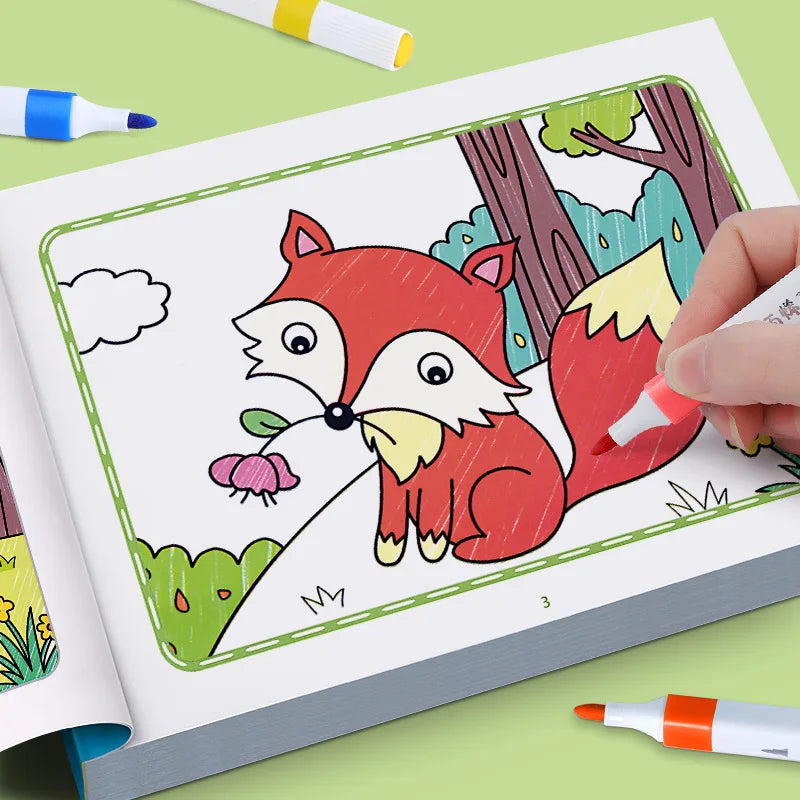 A hand is coloring a red fox illustration in a children's coloring book.
