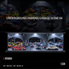 A 1:64 scale LED light-up diorama of an underground parking garage scene featuring diecast cars.