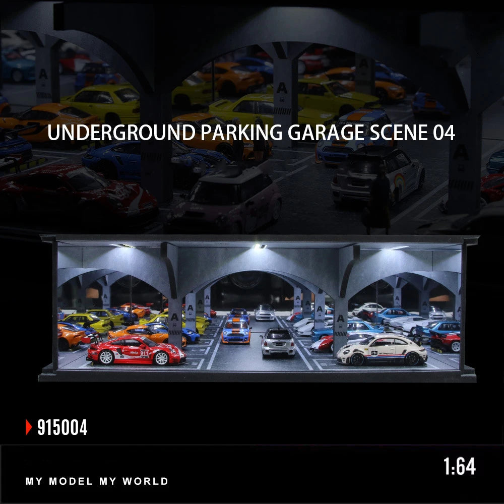 A 1:64 scale LED light-up diorama of an underground parking garage scene featuring diecast cars.