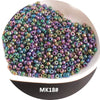 A pile of iridescent, multi-colored metallic glass beads for jewelry and crafting.