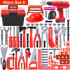 A collection of red and black battery-powered toy tools including a drill, pliers, screwdrivers, and various hand tools.