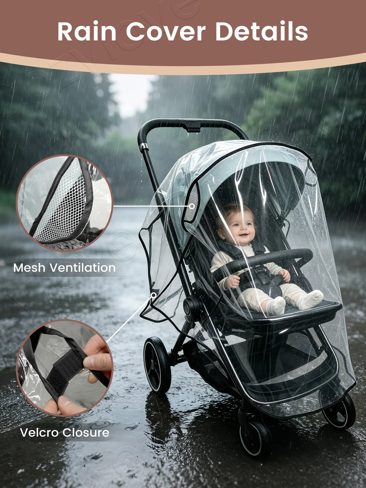 Details of a universal waterproof stroller rain cover showing mesh ventilation and velcro closure on a baby in the stroller