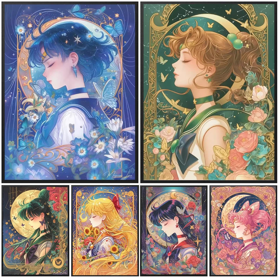 A collection of 5D diamond painting kits featuring cartoon girls with flowers in various artistic styles.