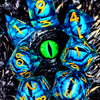 A set of blue resin dice with numbers and a spinning dragon eye core for role-playing games