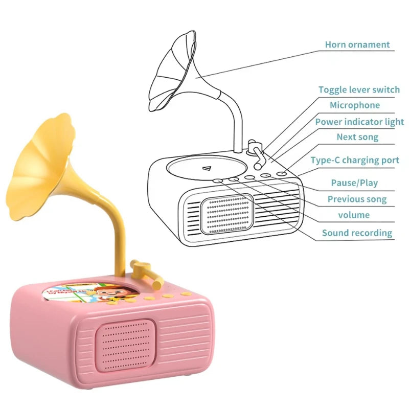 A pink kids interactive card reader story machine with a horn ornament and various controls.