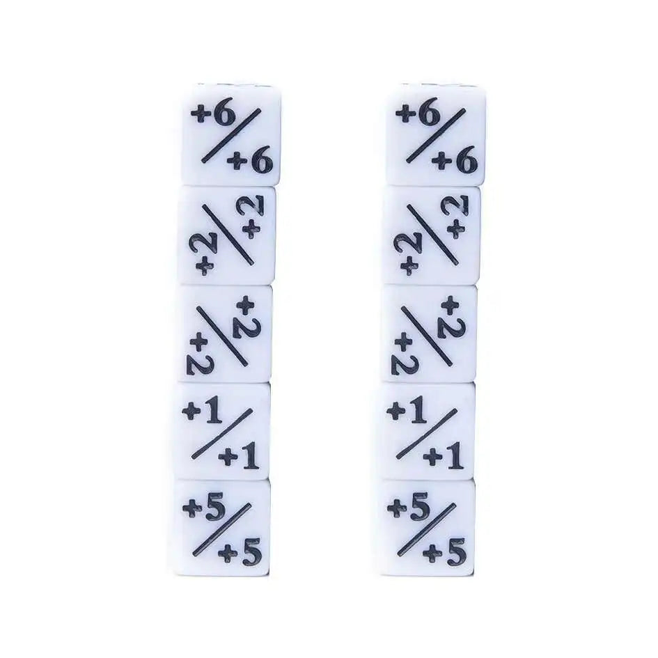 A set of ten dual-color +1/-1 counting dice arranged in two columns.