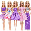 A set of five handmade casual doll outfits featuring purple, pink, and silver dresses and skirts for 1/6 scale dolls