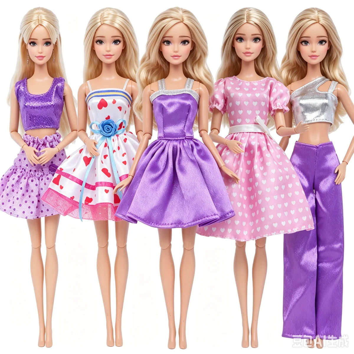 A set of five handmade casual doll outfits featuring purple, pink, and silver dresses and skirts for 1/6 scale dolls