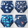 A set of blue and white reusable cotton potty training pants for toddlers shown from the front and back.