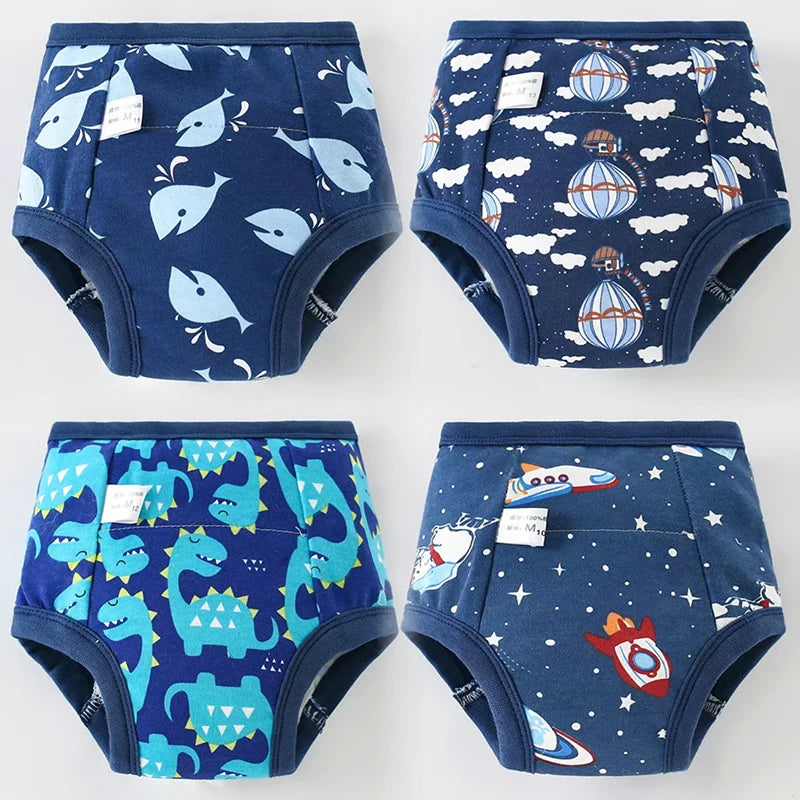 A set of blue and white reusable cotton potty training pants for toddlers shown from the front and back.