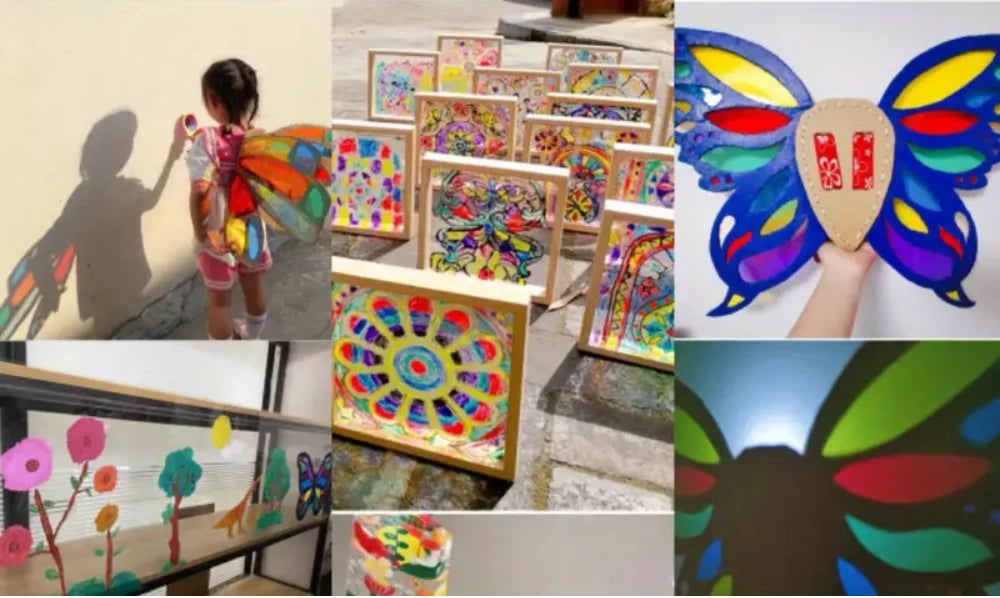 Various colorful transparent PVC sheets used for DIY crafts, including butterfly shapes and floral designs.